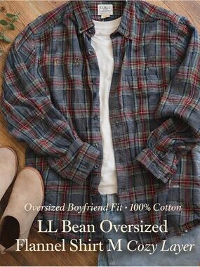 LL Bean Plaid Flannel Shirt M Oversized Men’s Boyfriend Cozy Layer 100% cotton